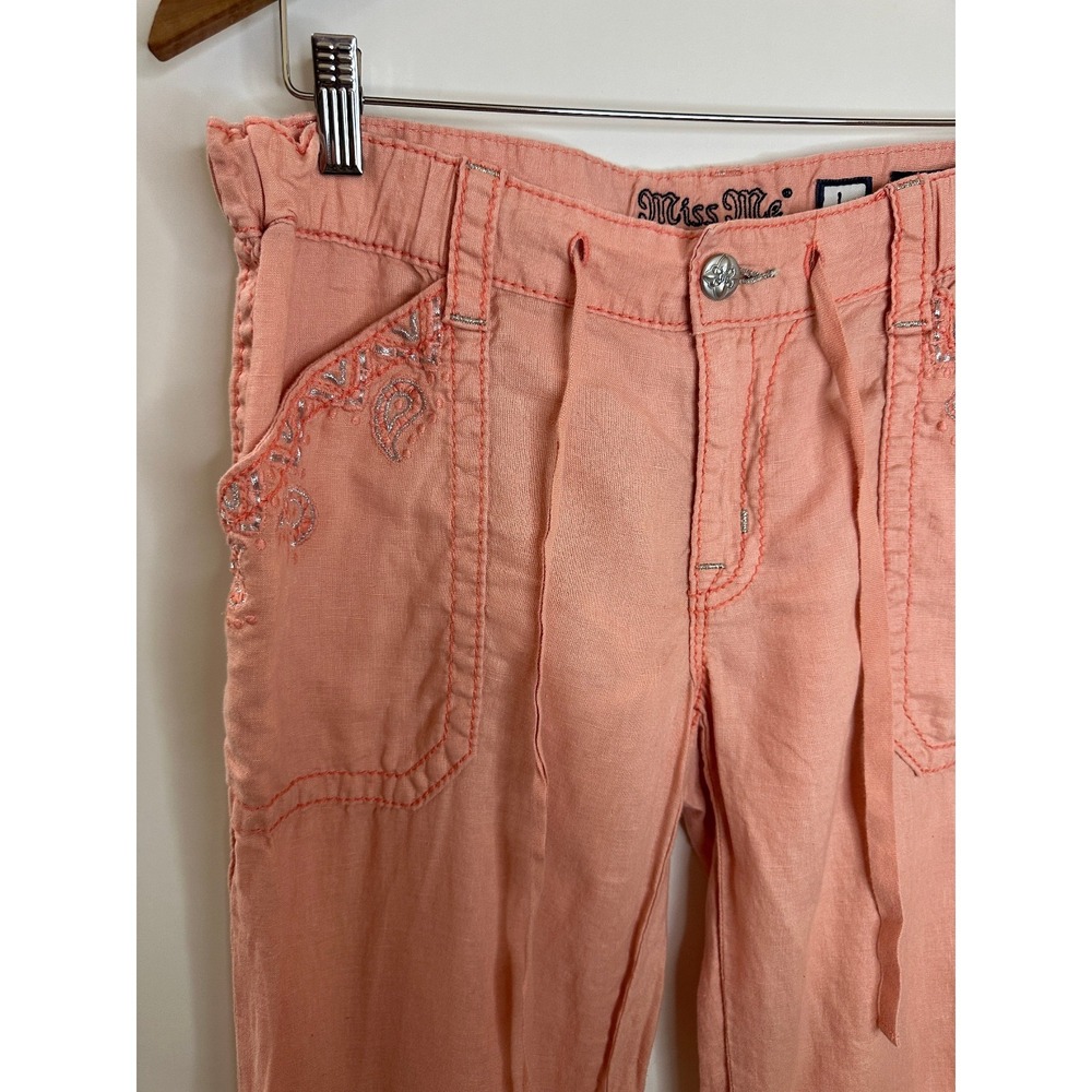 Miss Me Cargo 100% Linen Wide Leg Mid Rise Pant Coral Pink Large Lagonlook Beach - Picture 3 of 14